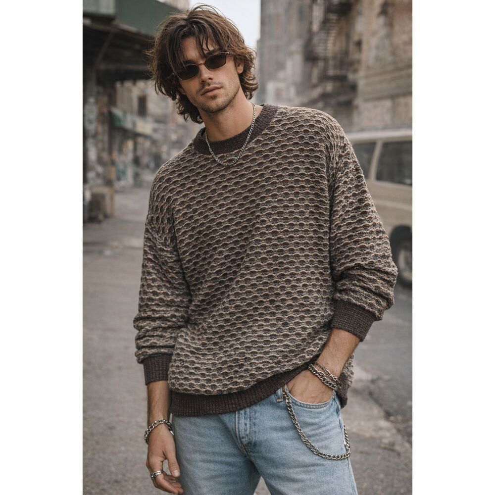 Paolo Valenzi Italy Textured Knit Sweater 52 L Brown Y2K 90s Grandpa Crewneck